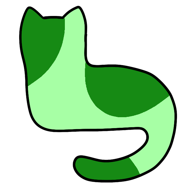 green silhouette of a cat lying down with its head up and tail curved below, with three big dark splotches